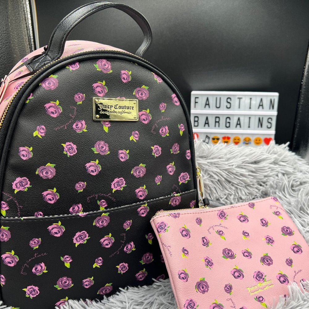 NWT Juicy Couture Backpack Blooms At Night Black/Pink w/Purple Roses W/Extra